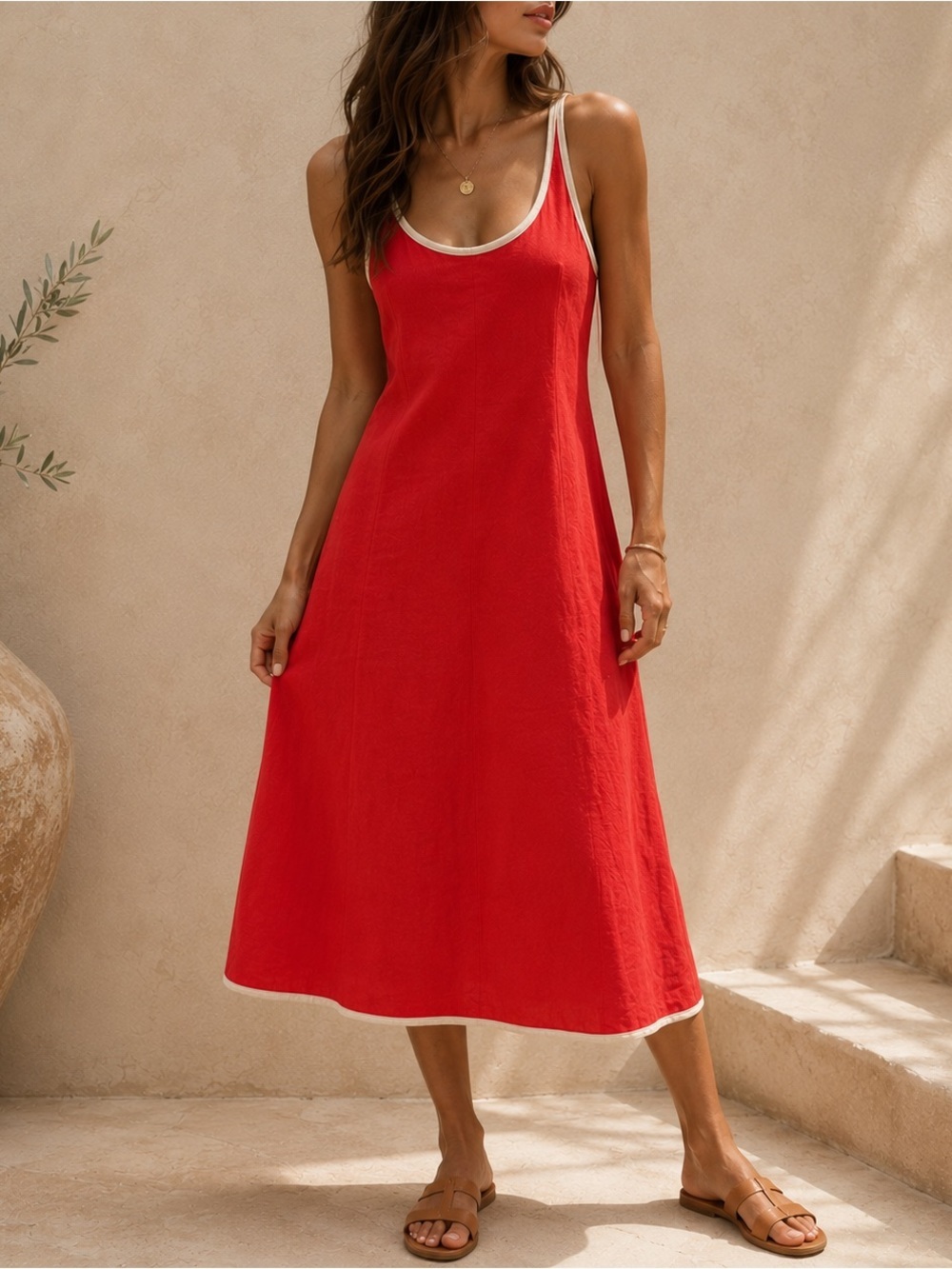 Avec Les Filles Red Linen Blend Midi Dress with Cream Trim NWT